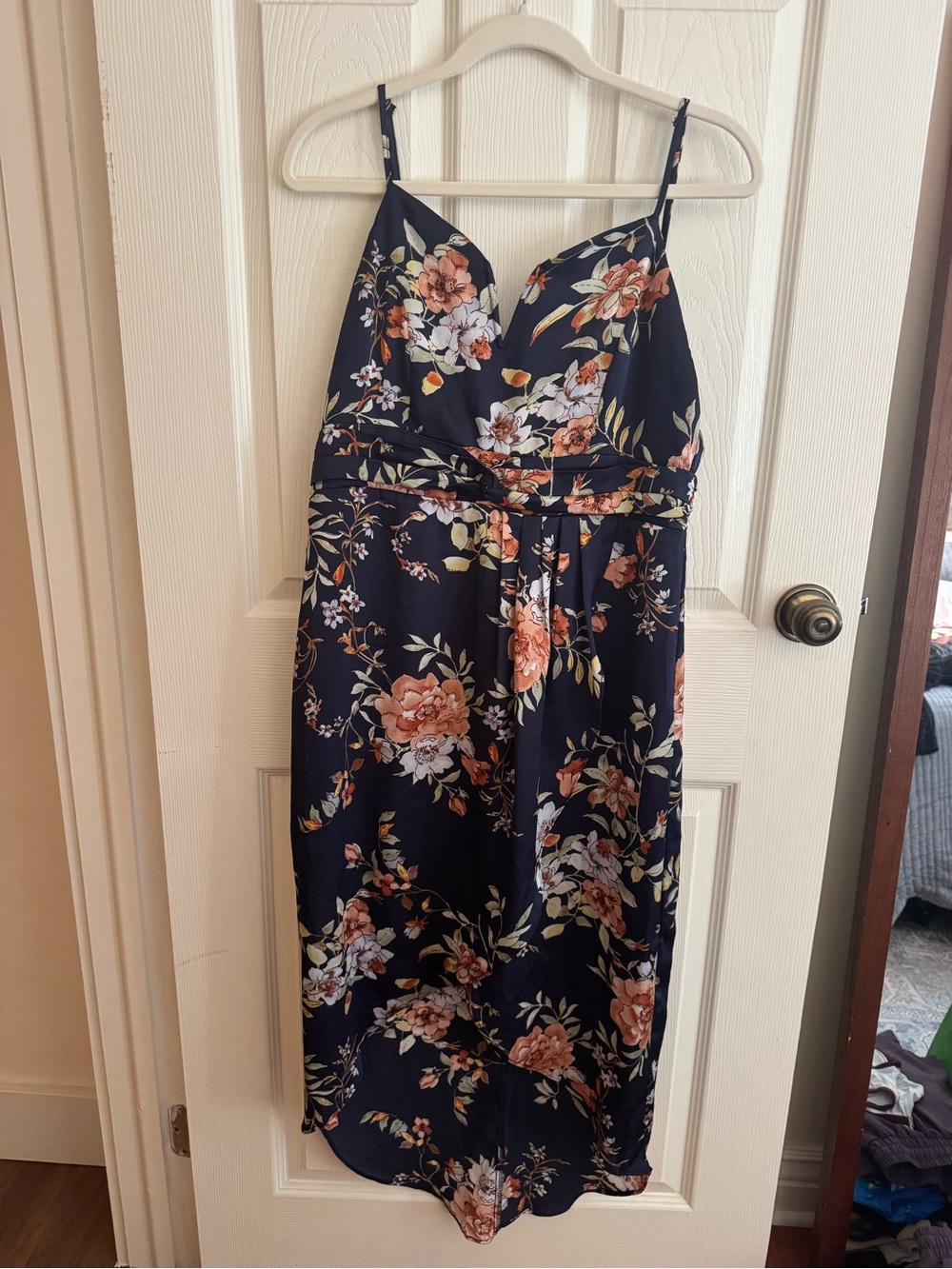 Lulu's Navy Floral Spaghetti-Strap Midi Dress with Peach Blooms